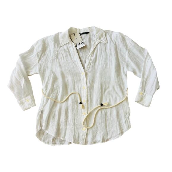 NWT Zara 100% Linen Oversized White Shirt Rope Tie Waist Large Wide Lapel V-Neck - Picture 6 of 7